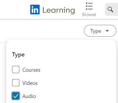 LinkedIn Learning screenshot - search filter Type: Audio