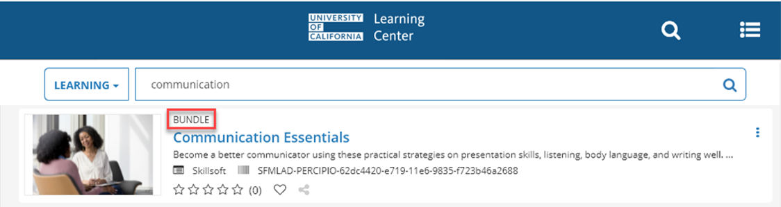 UC Learning Center Search displaying "Bundle" above "Communication Essentials" search hit