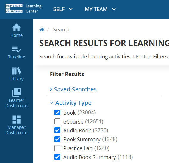 UC Learning Center screenshot - filter Type: Audio Book, Book, Audio Book Summary, Book Sumamry