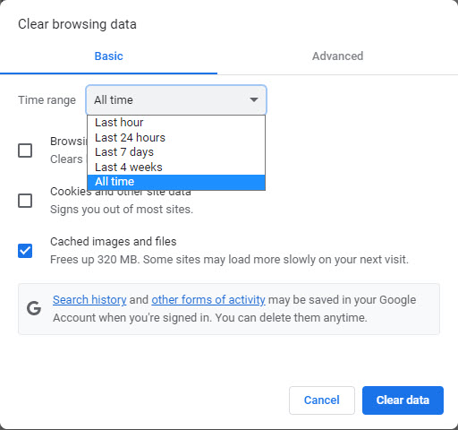 Screenshot of google "Clear browsing data" settings - "Cached images and files" checked and time range "all time" selected