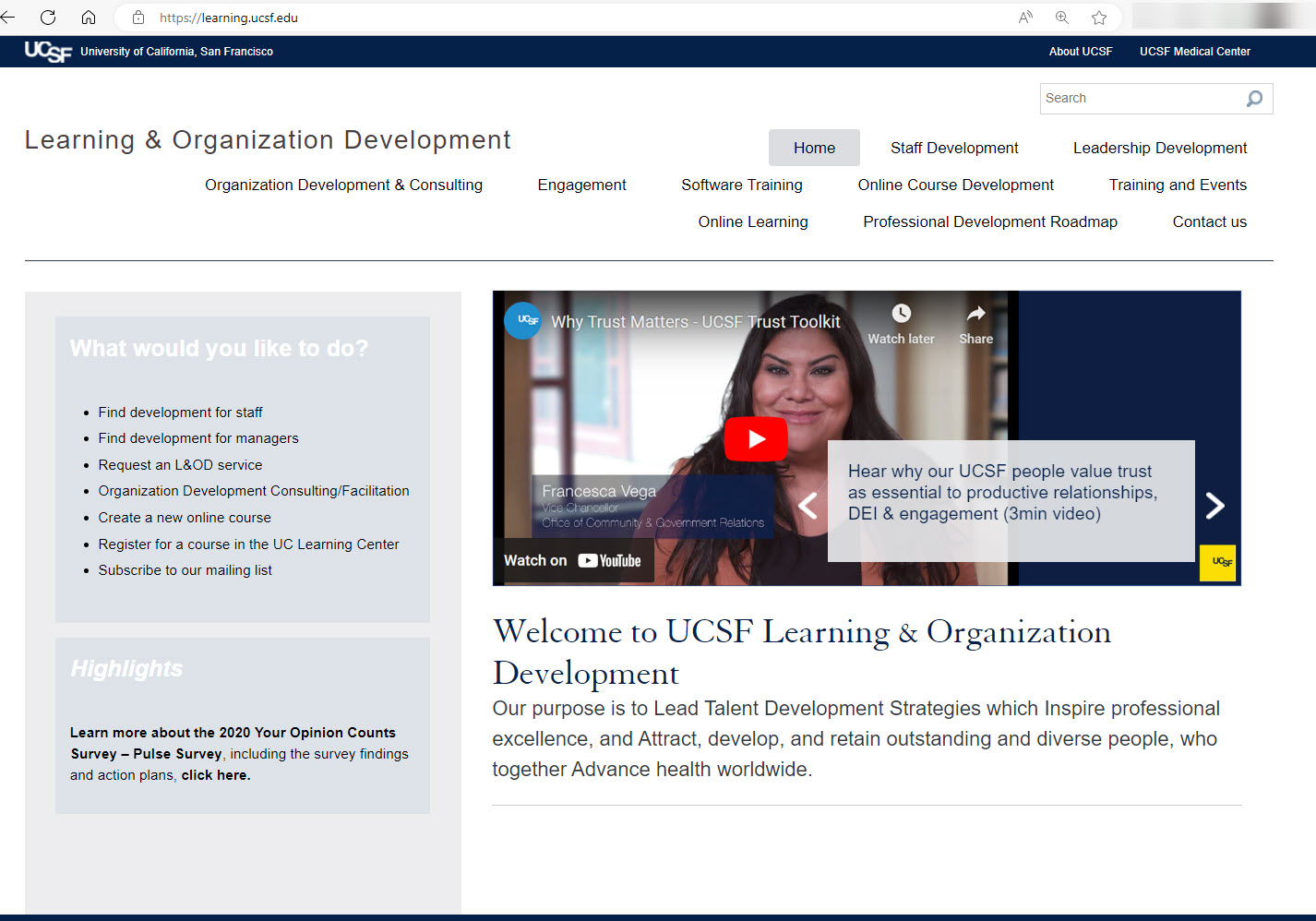 Learning.ucsf.edu legacy website homepage screenshot