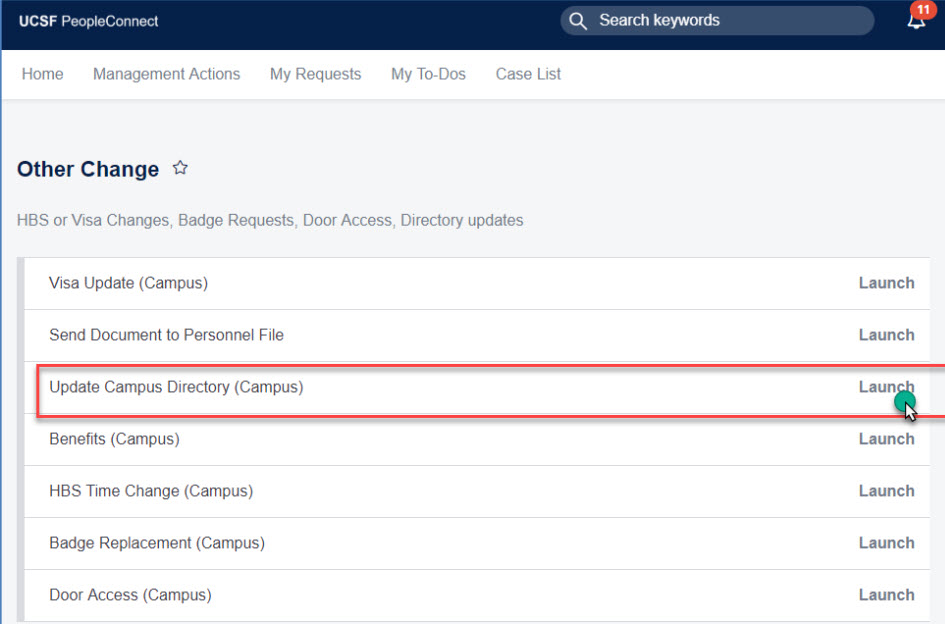 PeopleConnect screenshot "Other Change" menu, launching "Update Campus Directory" option